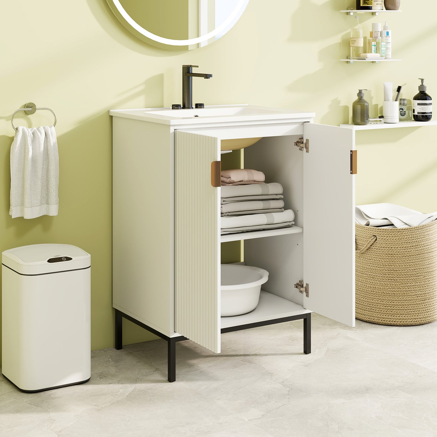 Modern 24" Bathroom Vanity with Ceramic Sink & Double Door Storage Cabinet