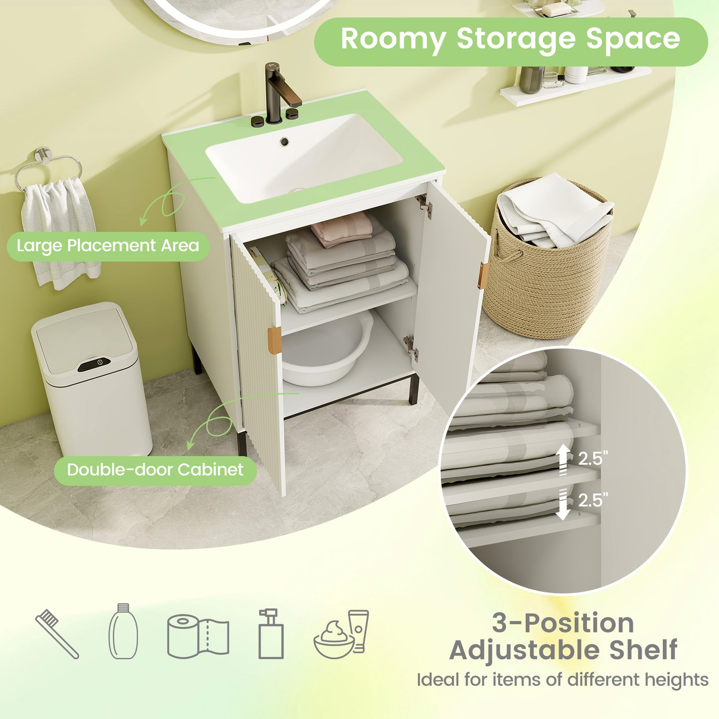 Modern 24" Bathroom Vanity with Ceramic Sink & Double Door Storage Cabinet