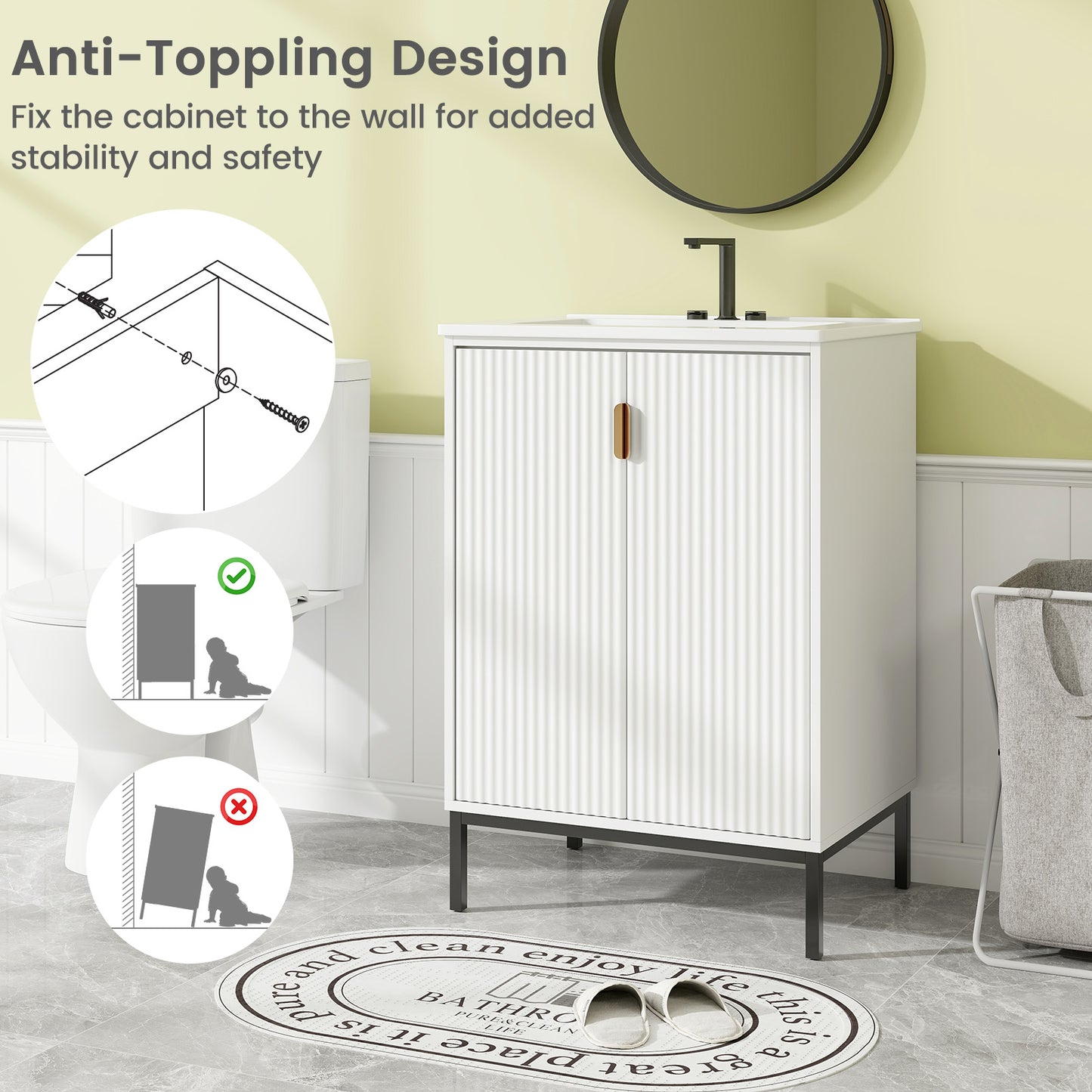 Modern 24" Bathroom Vanity with Ceramic Sink & Double Door Storage Cabinet