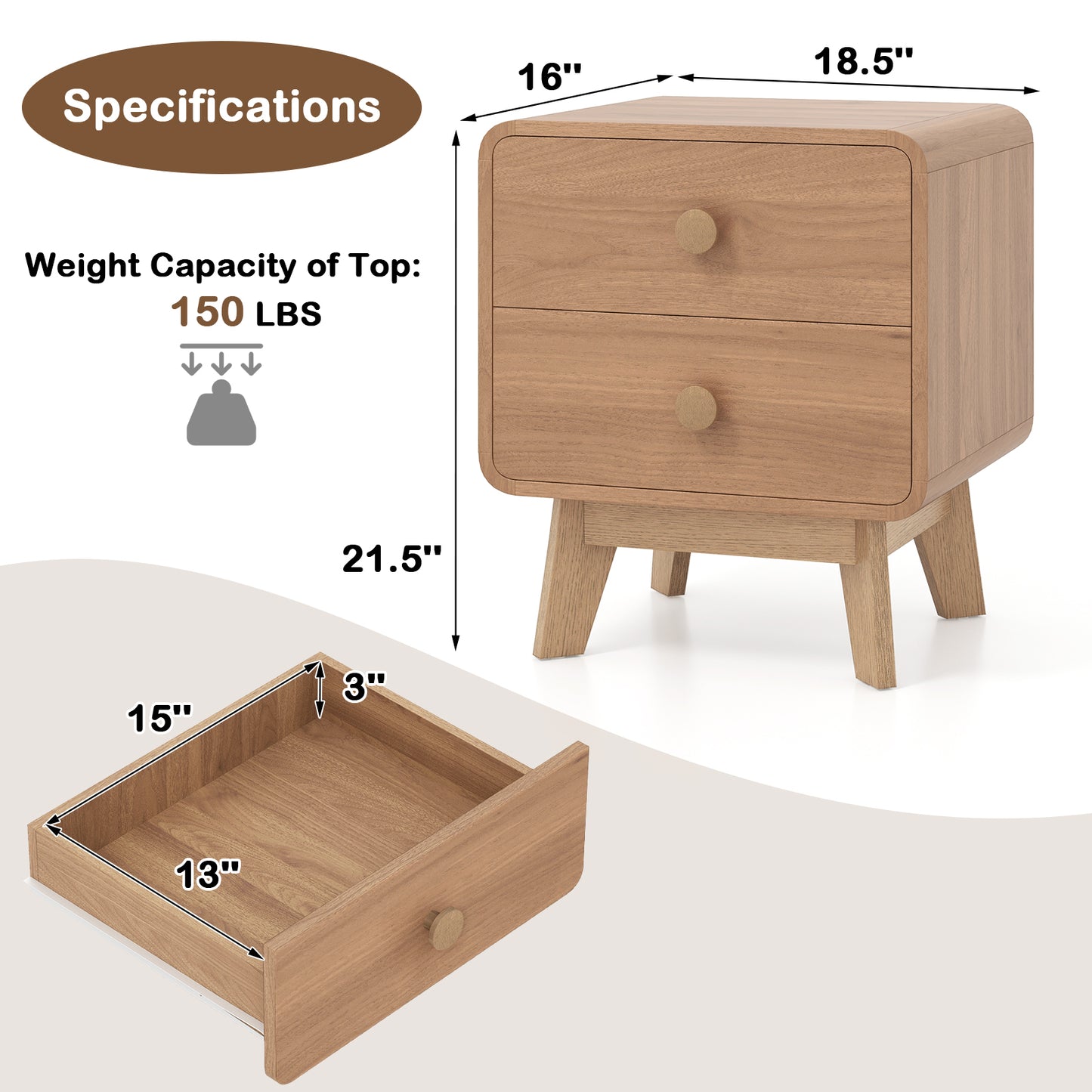 Two Drawer Nightstand with Solid Rubber Wood Legs Brown
