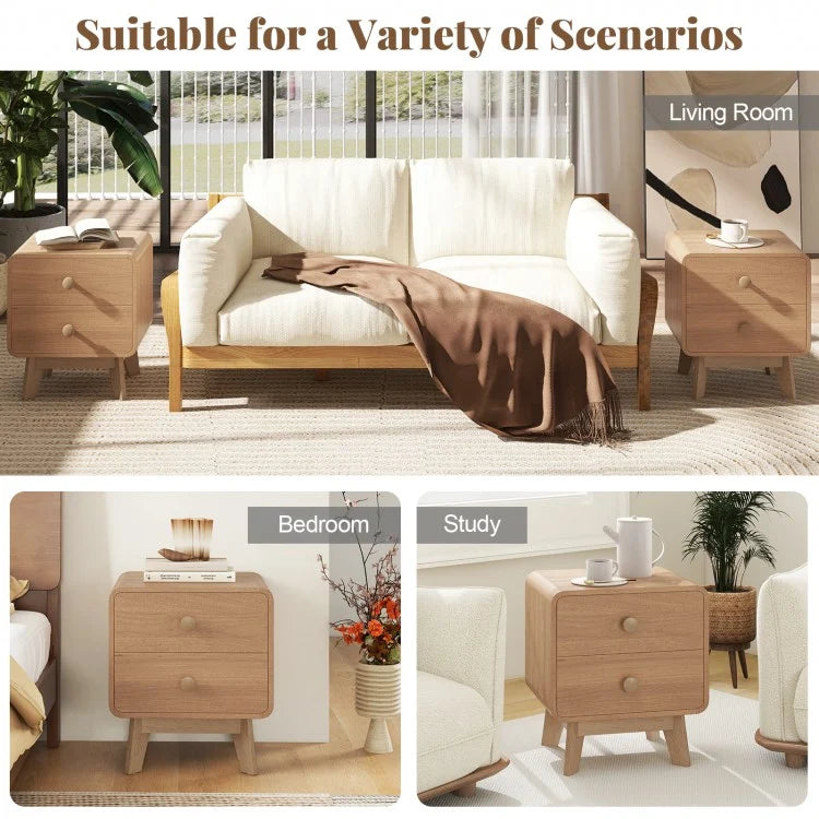 Two Drawer Nightstand with Solid Rubber Wood Legs Brown