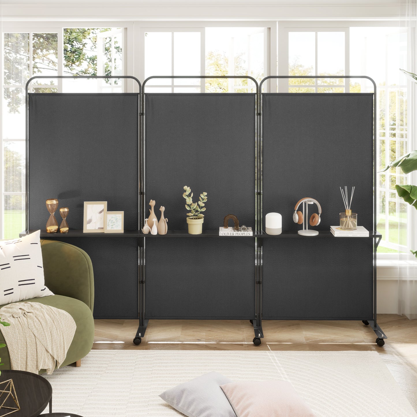 3-Panel Rolling Privacy Screen with 3 Metal Shelves and 180° Swivel Hinges - Black
