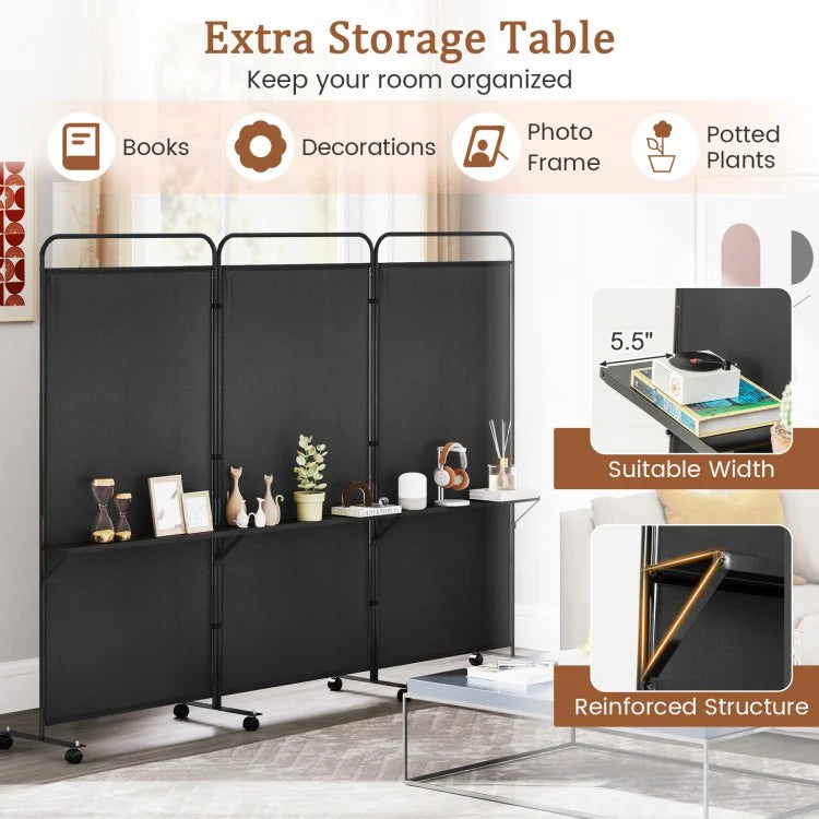 3-Panel Rolling Privacy Screen with 3 Metal Shelves and 180° Swivel Hinges - Black