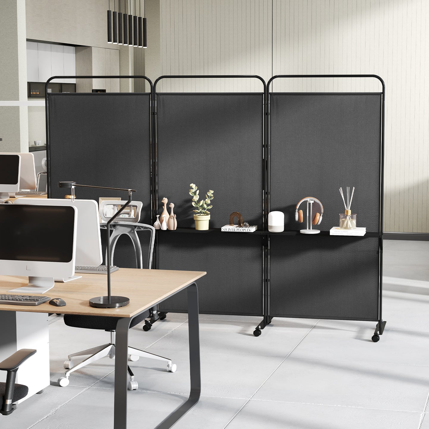 3-Panel Rolling Privacy Screen with 3 Metal Shelves and 180° Swivel Hinges - Black