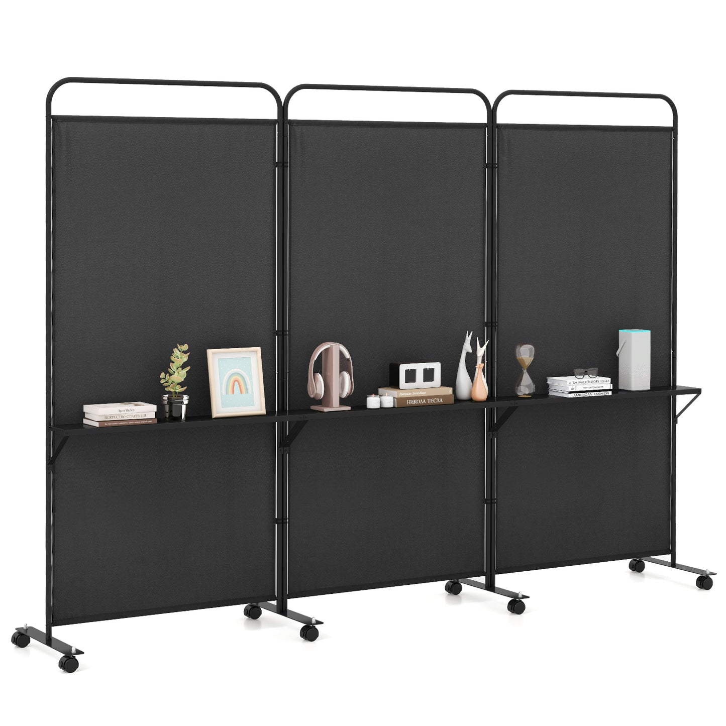 3-Panel Rolling Privacy Screen with 3 Metal Shelves and 180° Swivel Hinges - Black