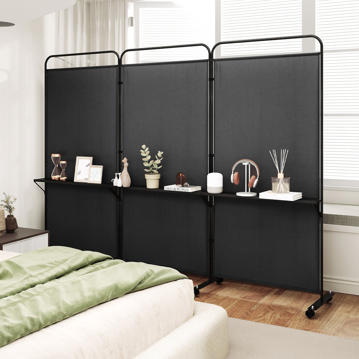 3-Panel Rolling Privacy Screen with 3 Metal Shelves and 180° Swivel Hinges - Black