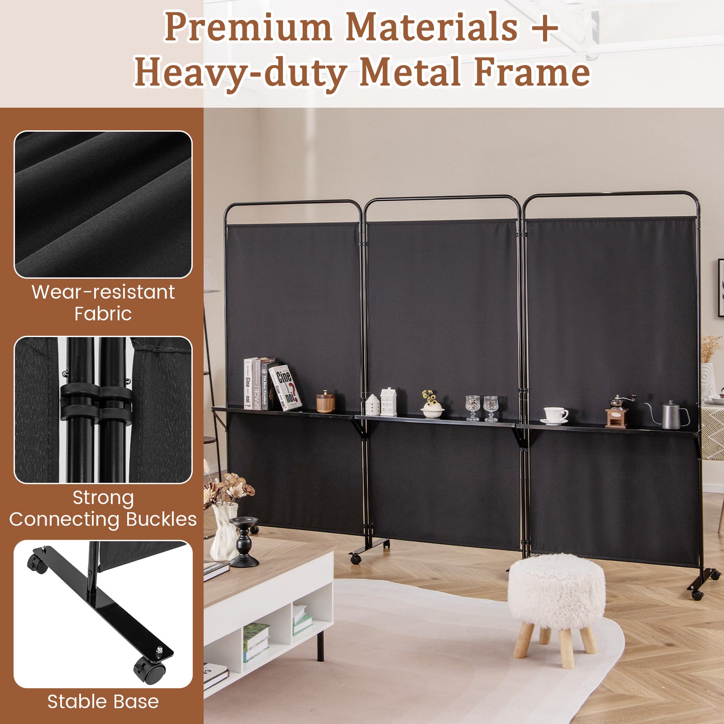 3-Panel Rolling Privacy Screen with 3 Metal Shelves and 180° Swivel Hinges - Black