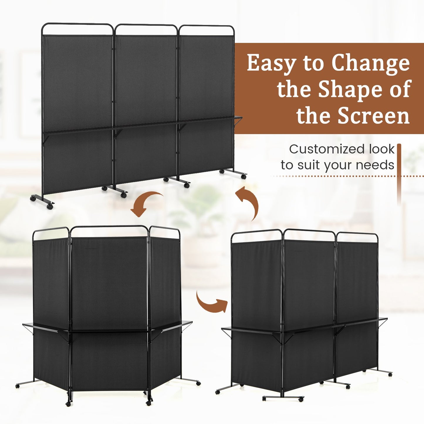 3-Panel Rolling Privacy Screen with 3 Metal Shelves and 180° Swivel Hinges - Black