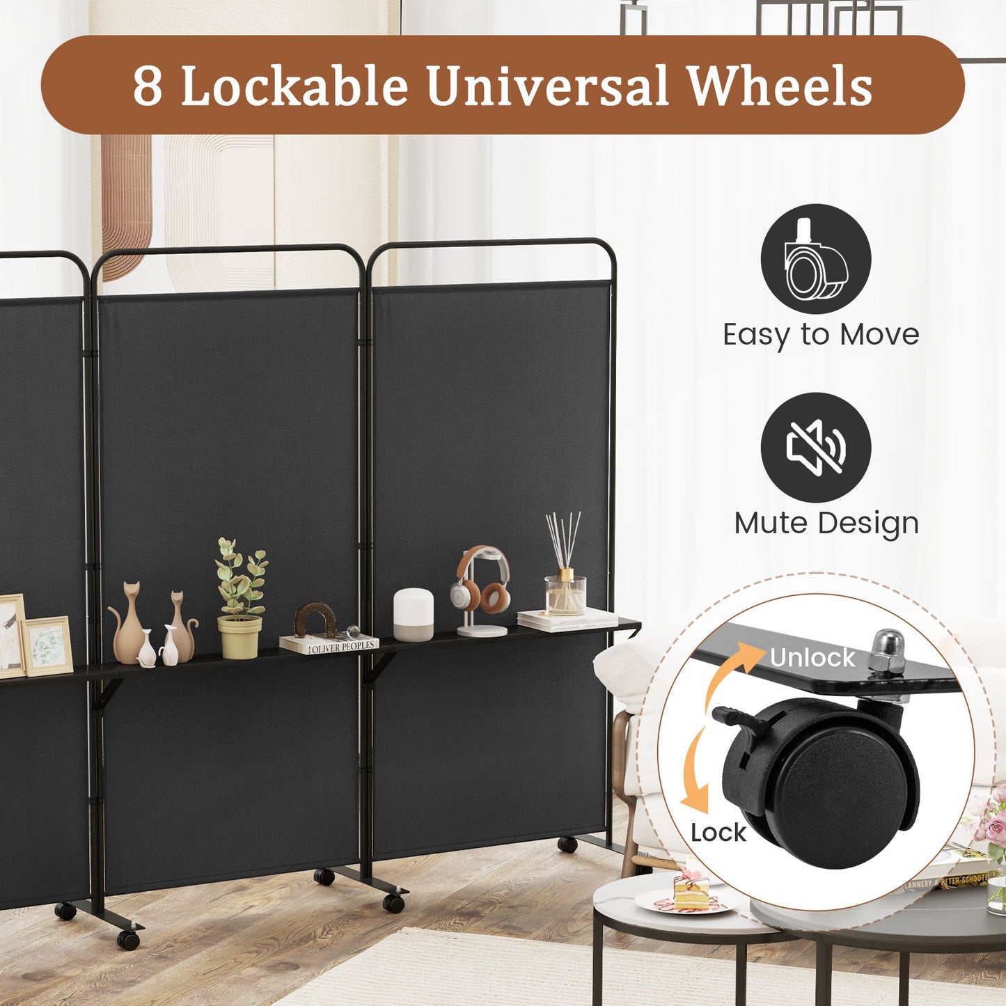 3-Panel Rolling Privacy Screen with 3 Metal Shelves and 180° Swivel Hinges - Black