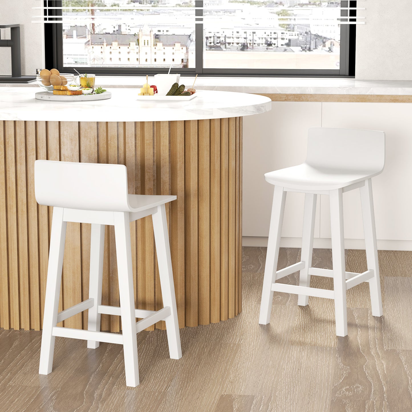 Wooden Bar Stools Set of 2 with Backrest and Footrest in White Finish, 24.5 Inch