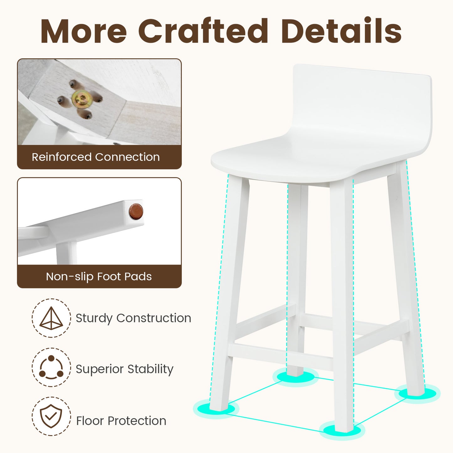 Wooden Bar Stools Set of 2 with Backrest and Footrest in White Finish, 24.5 Inch
