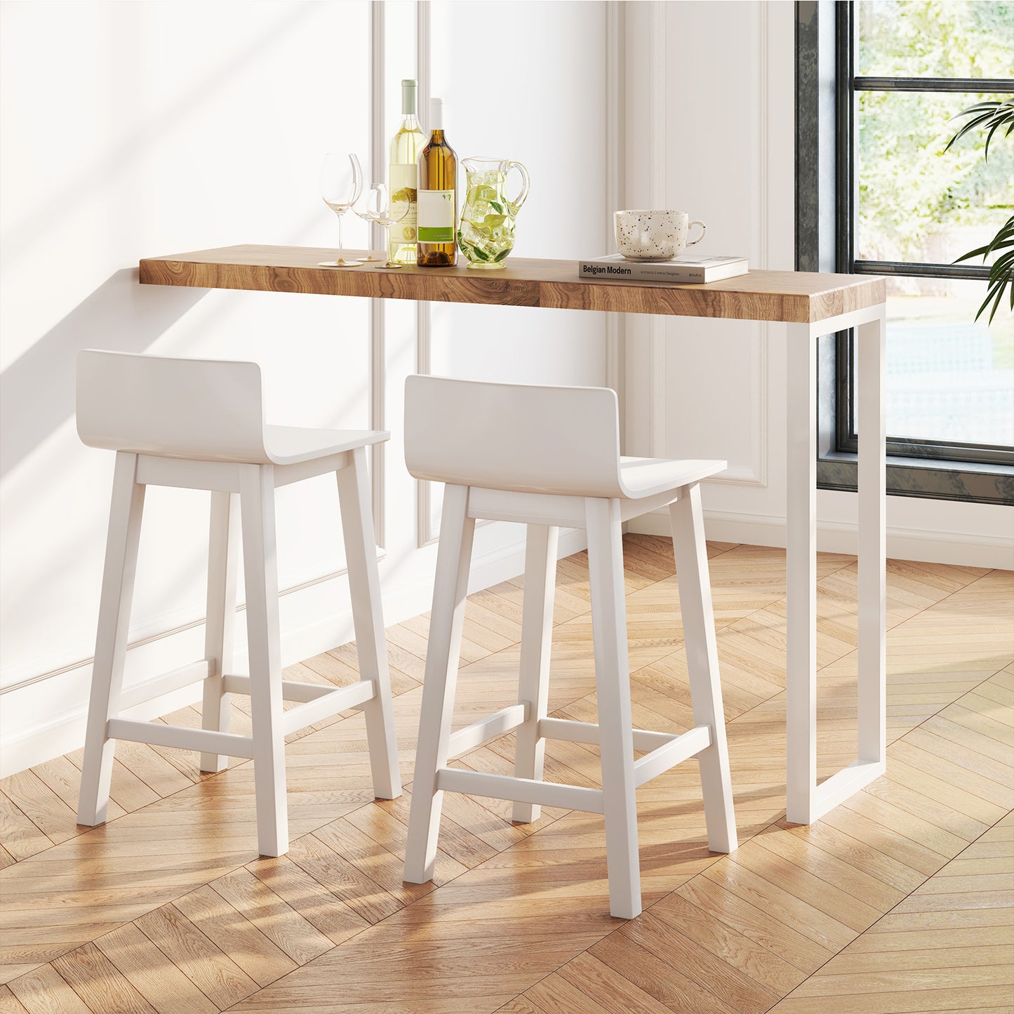 Wooden Bar Stools Set of 2 with Backrest and Footrest in White Finish, 24.5 Inch