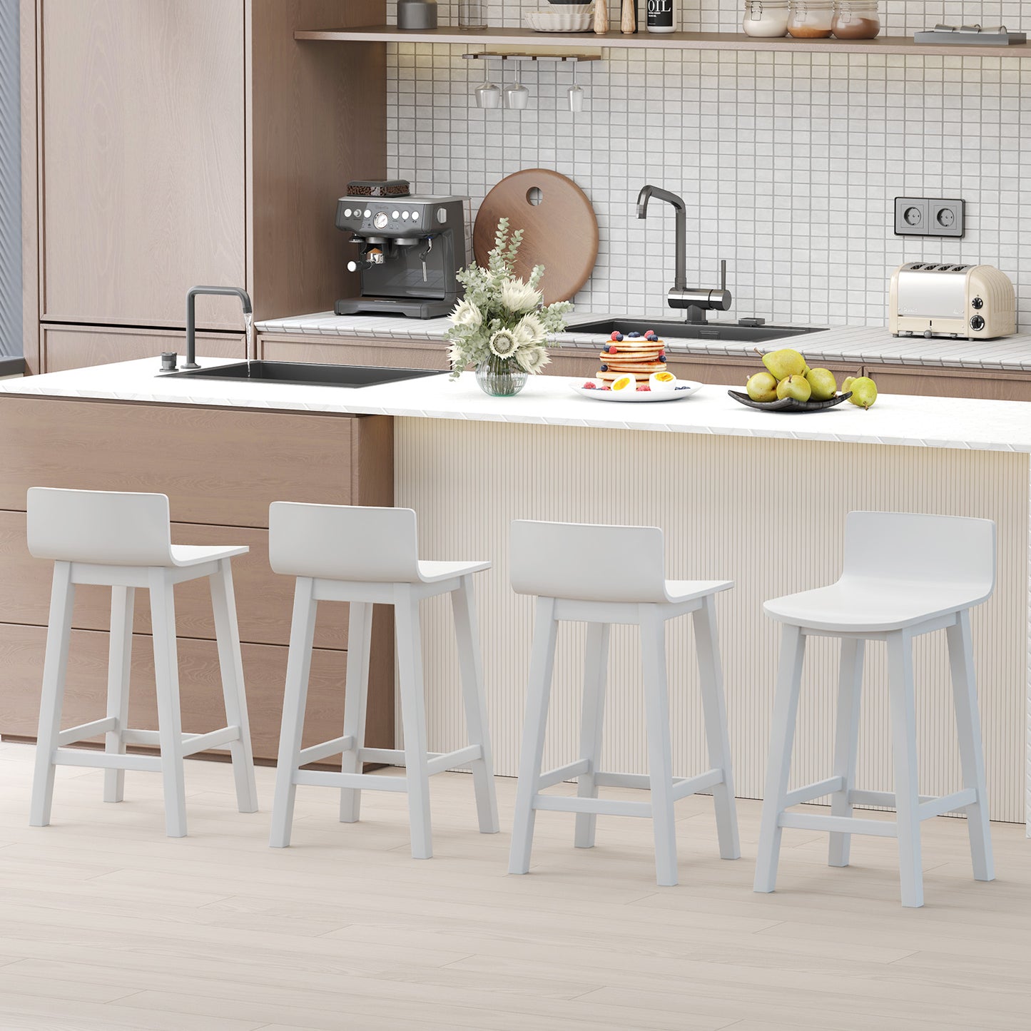 Wooden Bar Stools Set of 2 with Backrest and Footrest in White Finish, 24.5 Inch