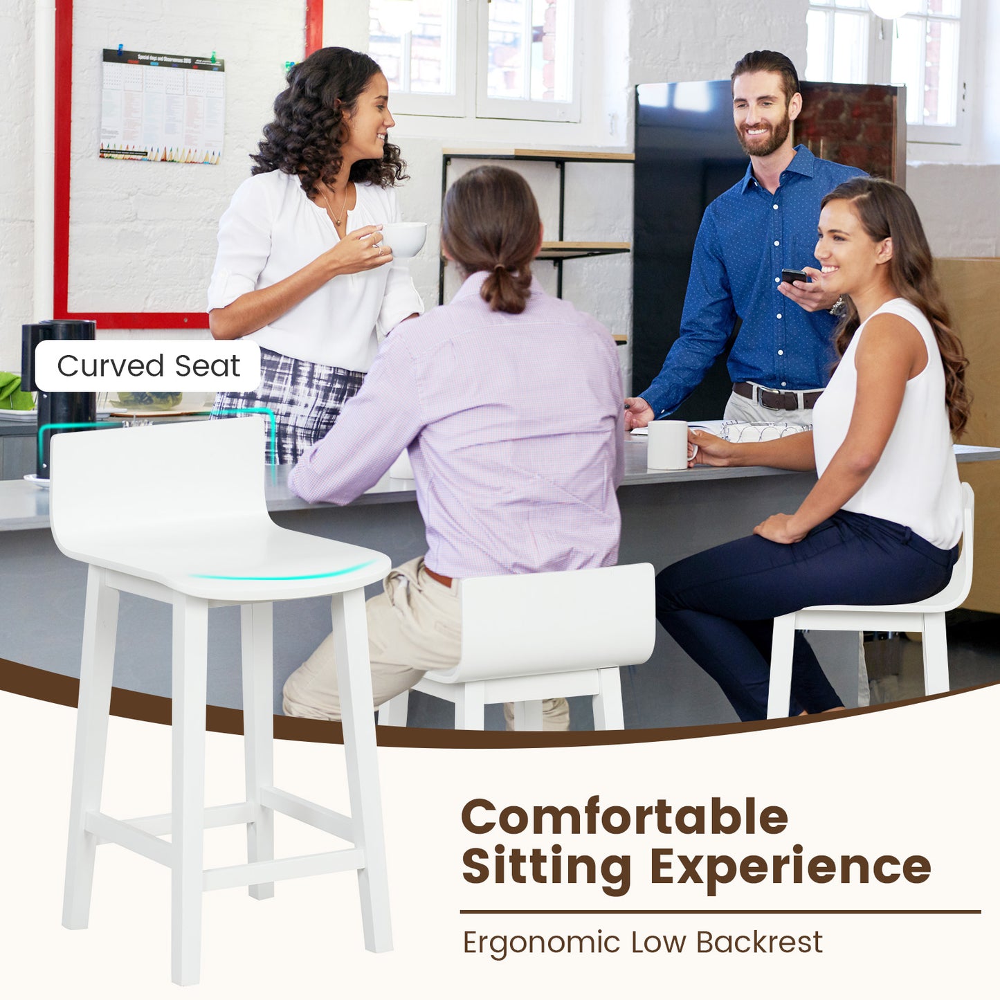 Wooden Bar Stools Set of 2 with Backrest and Footrest in White Finish, 24.5 Inch