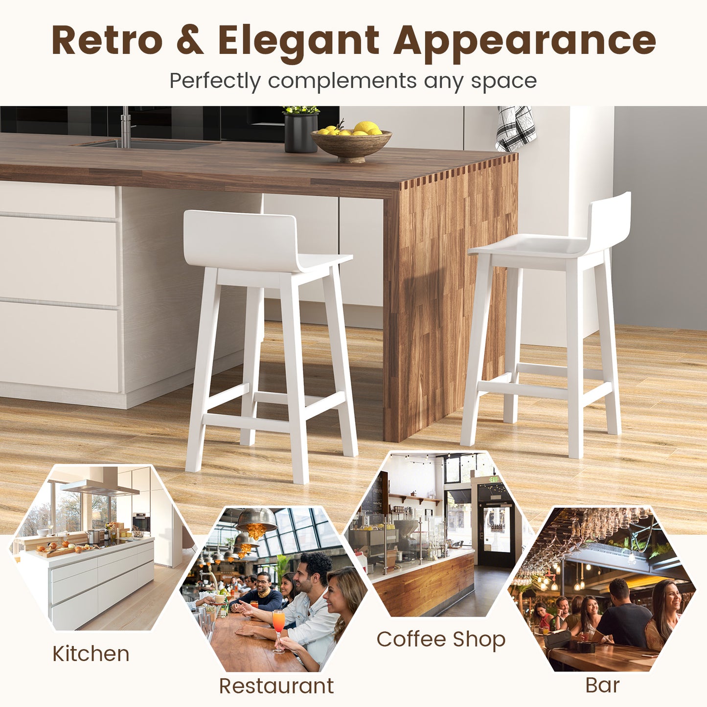Wooden Bar Stools Set of 2 with Backrest and Footrest in White Finish, 24.5 Inch