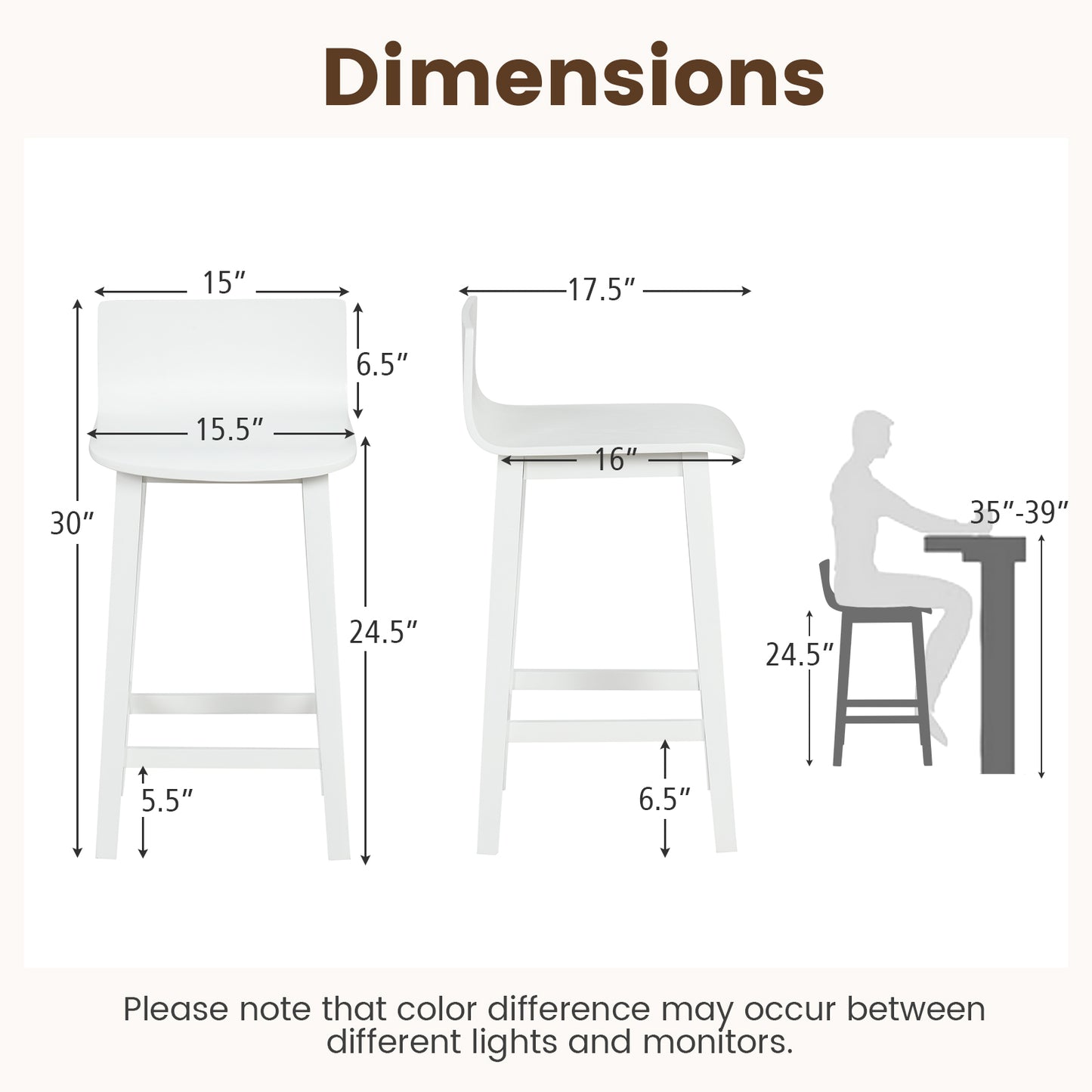 Wooden Bar Stools Set of 2 with Backrest and Footrest in White Finish, 24.5 Inch