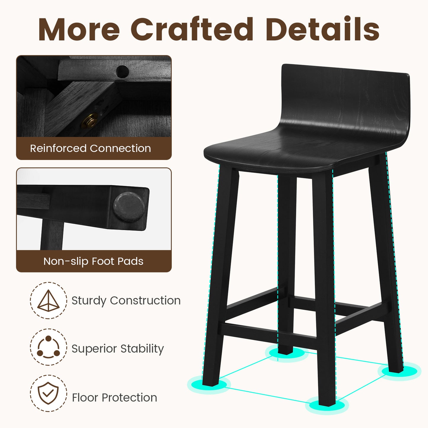 Wooden Bar Stools Set of 2 with Backrest and Footrest in Black Finish, 24.5 Inch
