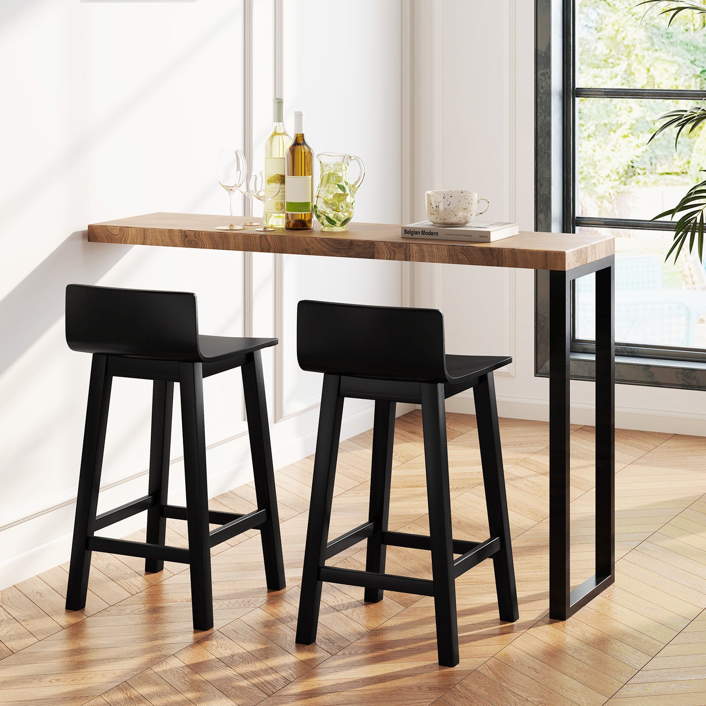 Wooden Bar Stools Set of 2 with Backrest and Footrest in Black Finish, 24.5 Inch