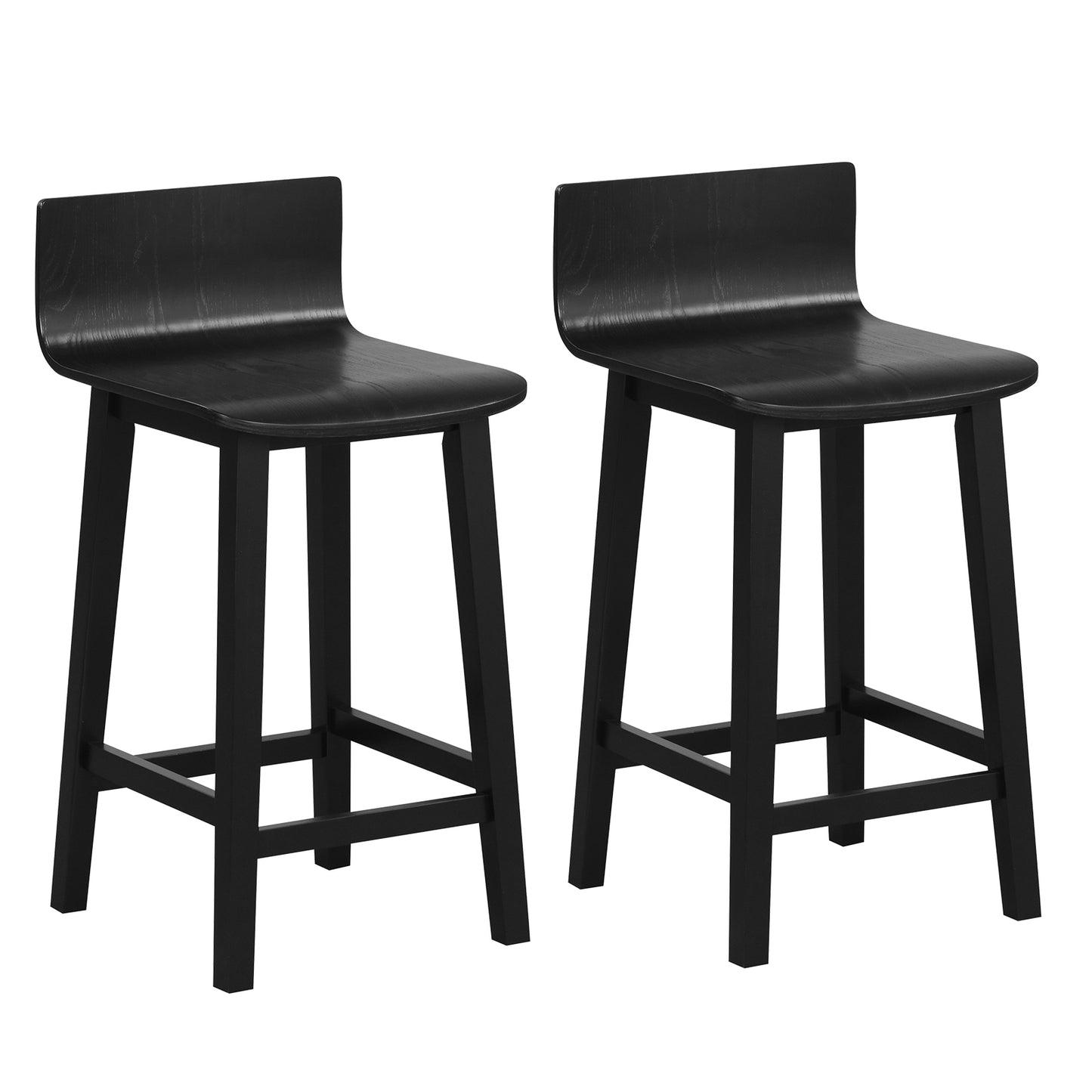 Wooden Bar Stools Set of 2 with Backrest and Footrest in Black Finish, 24.5 Inch