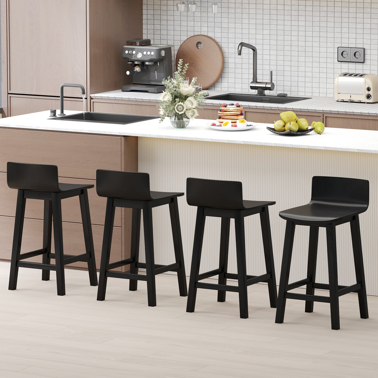 Wooden Bar Stools Set of 2 with Backrest and Footrest in Black Finish, 24.5 Inch