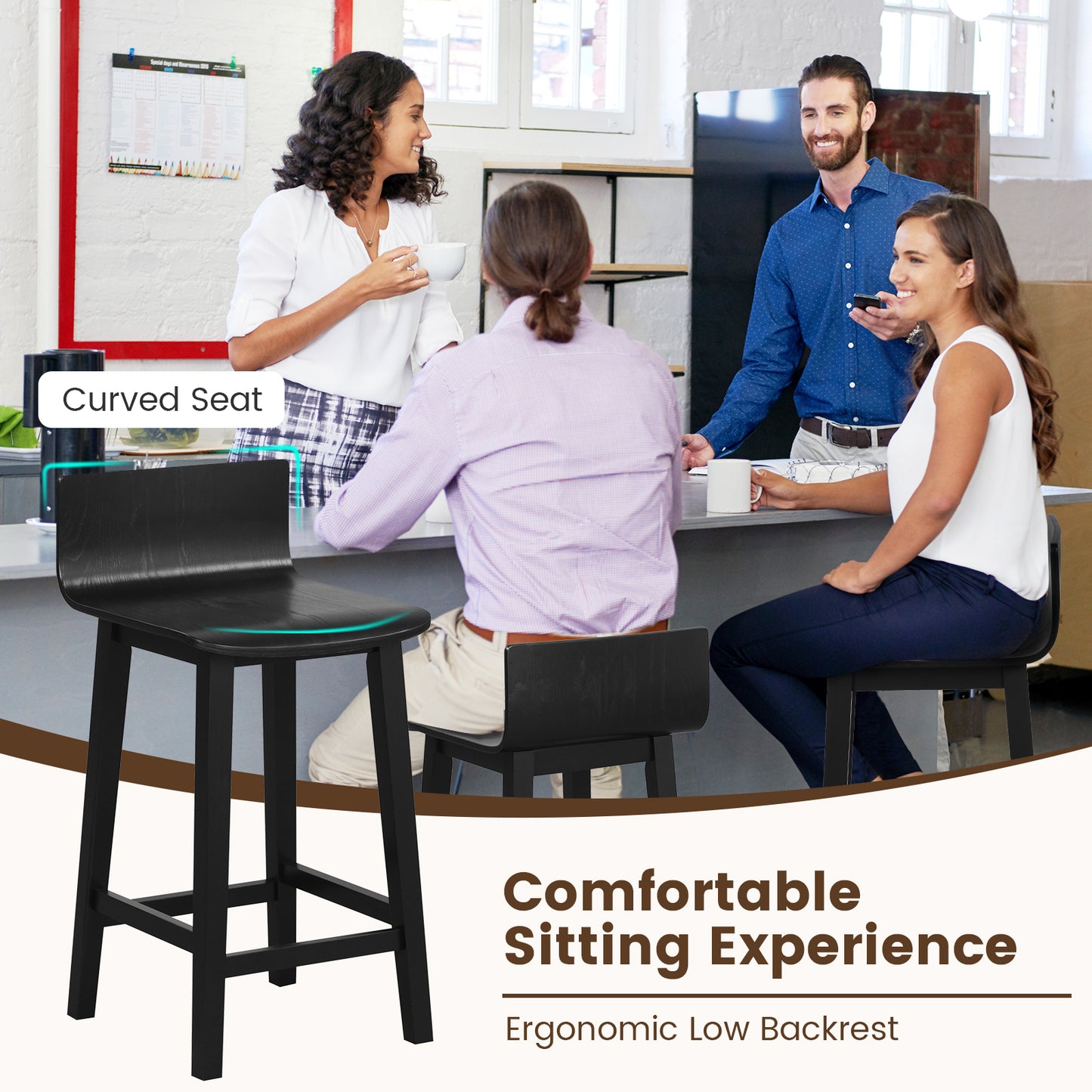 Wooden Bar Stools Set of 2 with Backrest and Footrest in Black Finish, 24.5 Inch