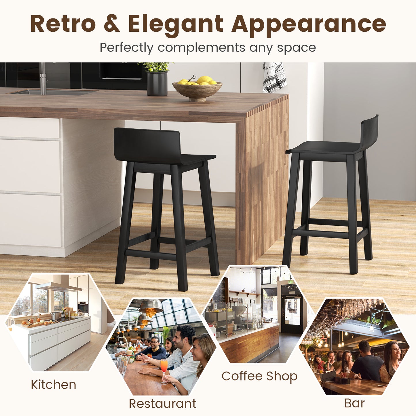Wooden Bar Stools Set of 2 with Backrest and Footrest in Black Finish, 24.5 Inch