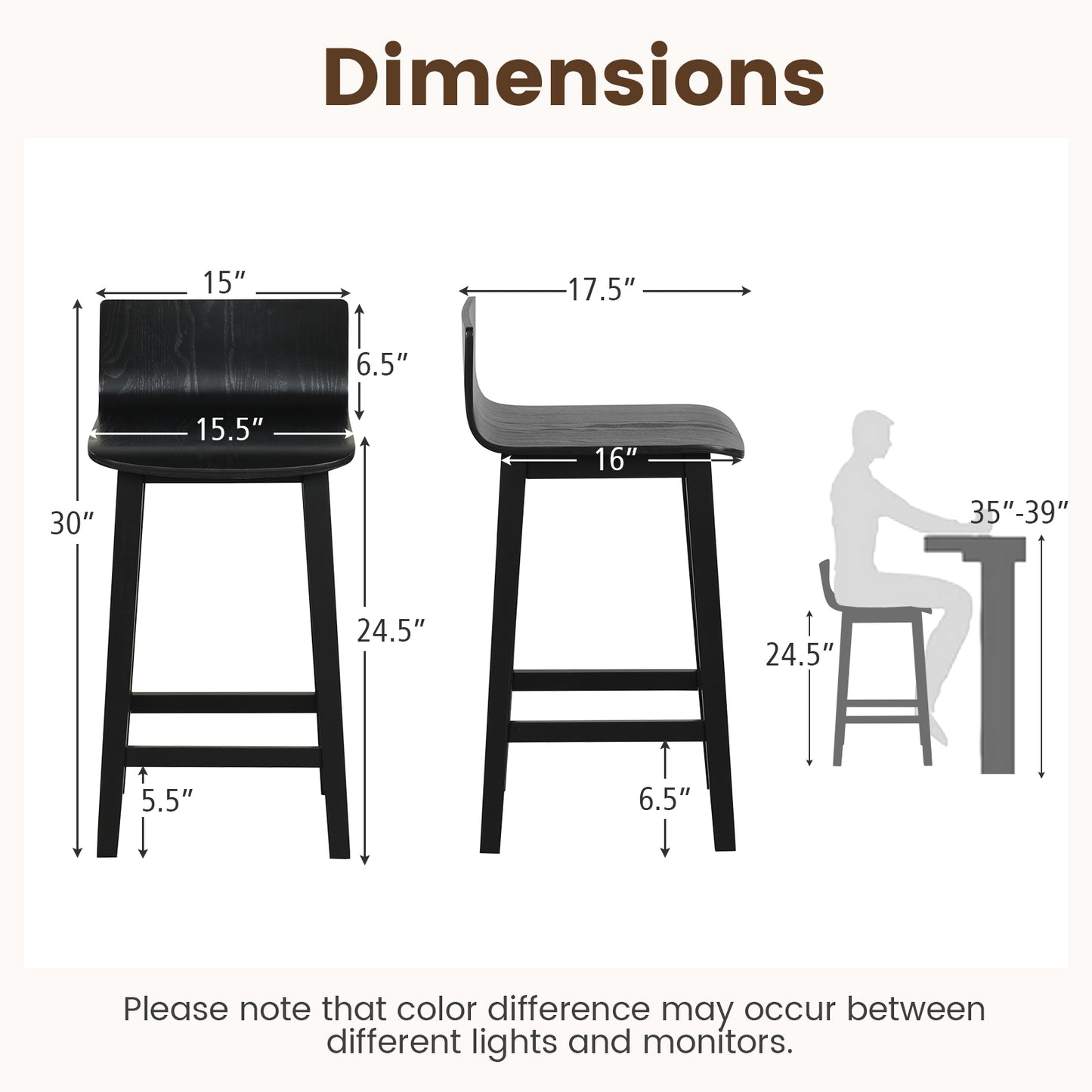Wooden Bar Stools Set of 2 with Backrest and Footrest in Black Finish, 24.5 Inch