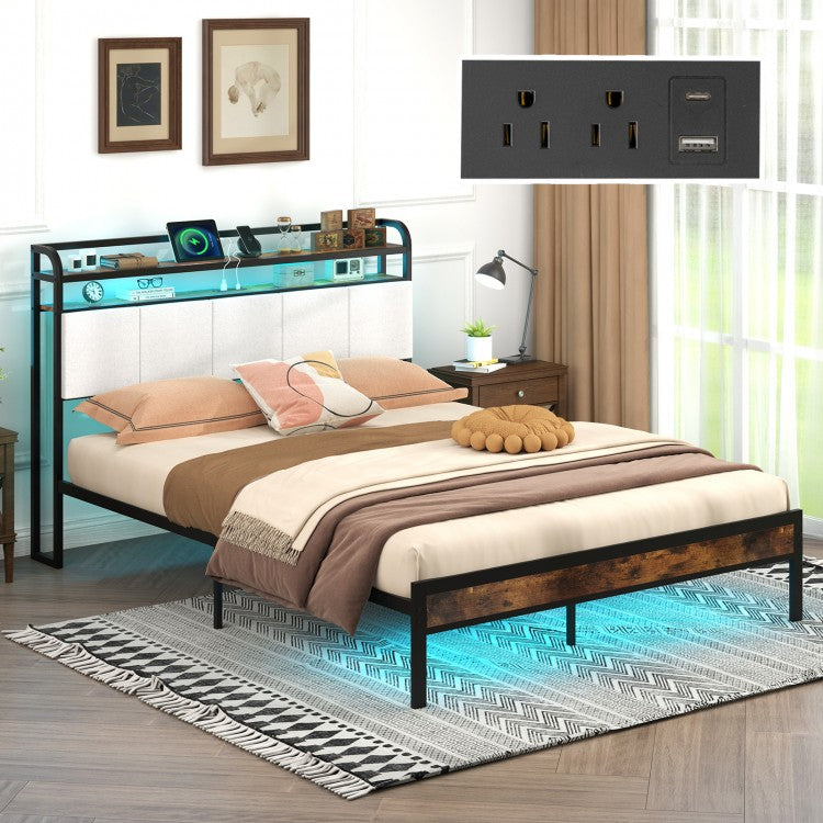 Modern Upholstered Platform Bed Frame with LED Lights, Charging Station, and Storage Headboard – Queen Size