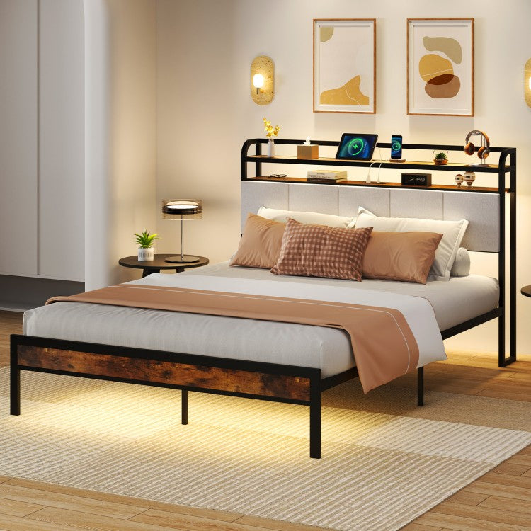 Modern Upholstered Platform Bed Frame with LED Lights, Charging Station, and Storage Headboard – Queen Size