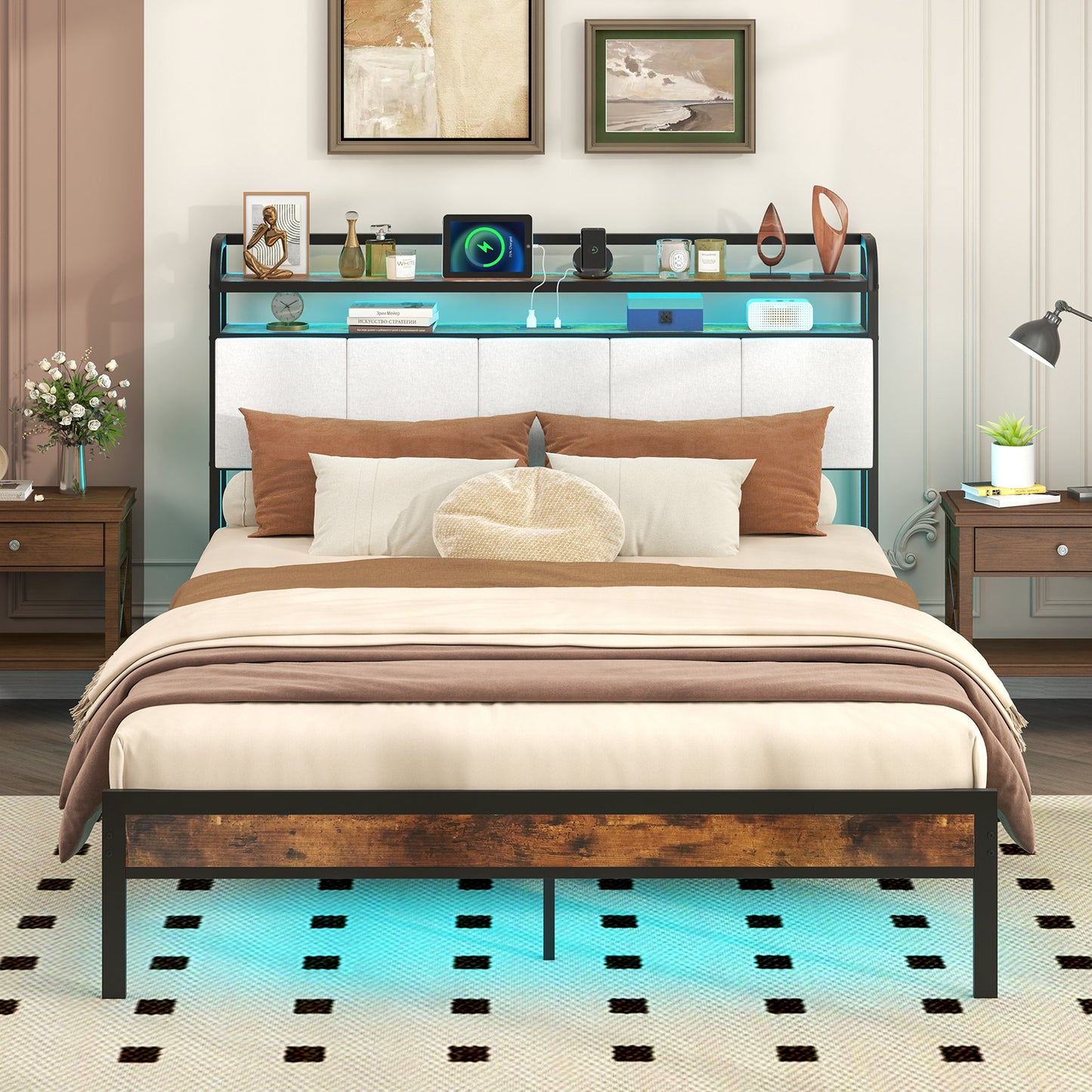 Modern Upholstered Platform Bed Frame with LED Lights, Charging Station, and Storage Headboard – Queen Size
