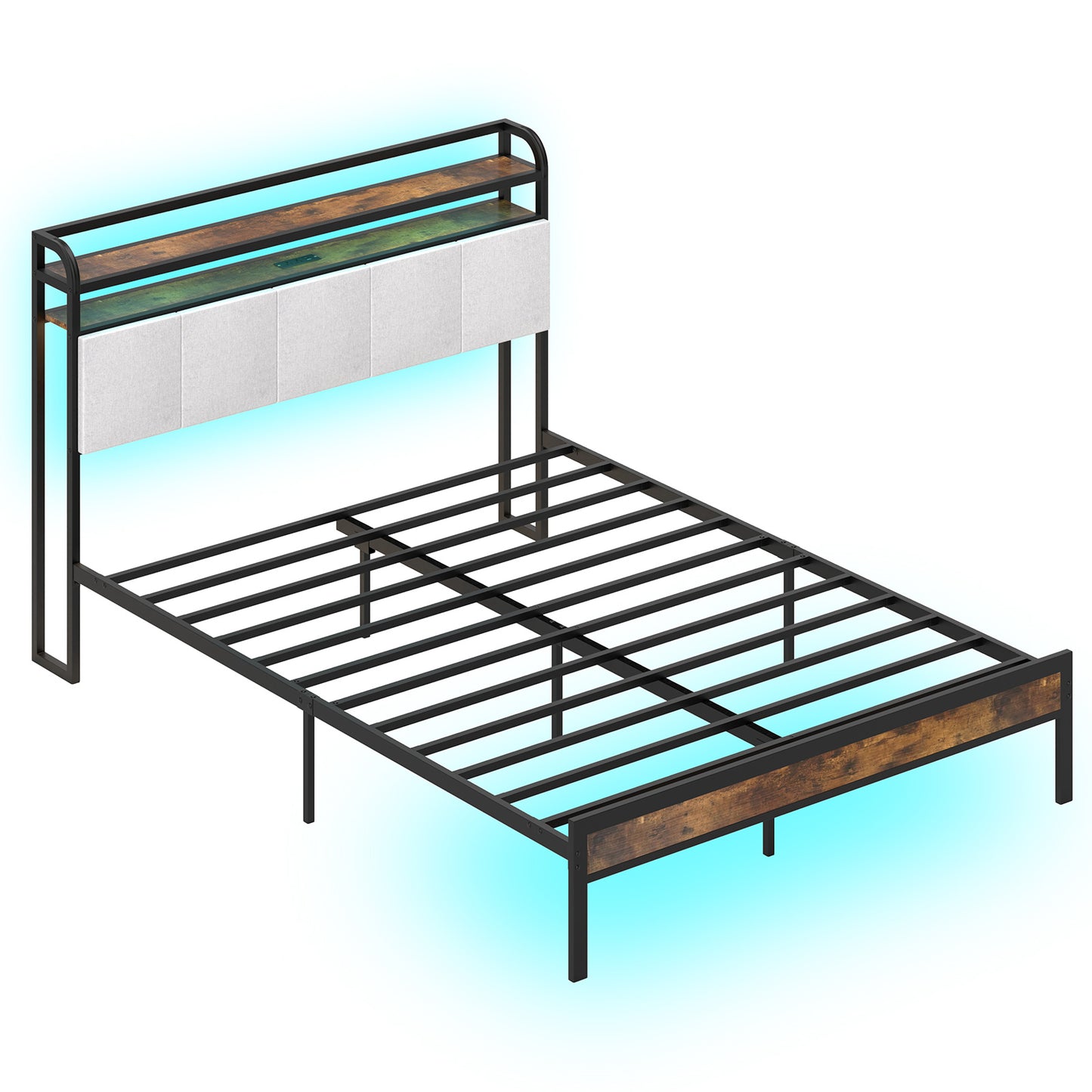 Modern Upholstered Platform Bed Frame with LED Lights, Charging Station, and Storage Headboard – Queen Size