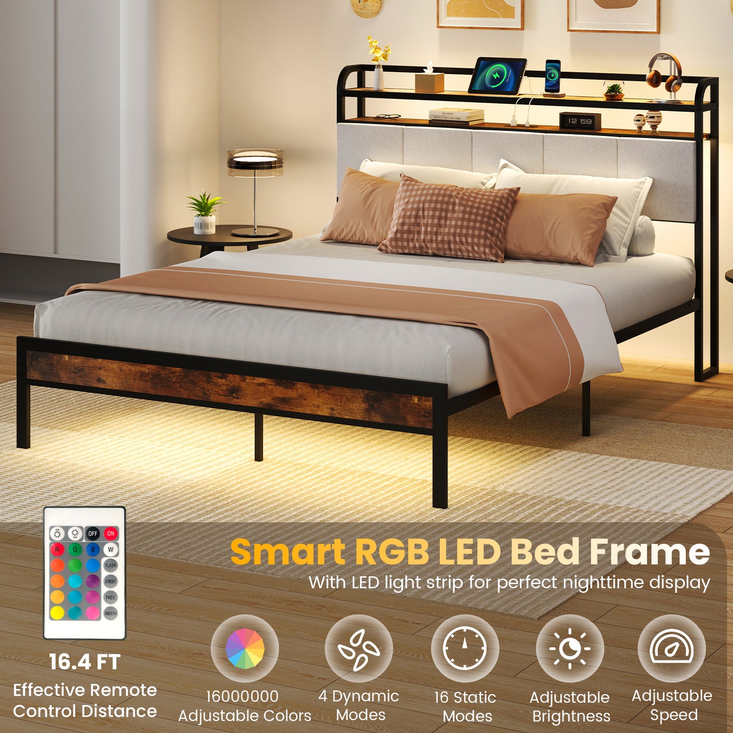 Modern Upholstered Platform Bed Frame with LED Lights, Charging Station, and Storage Headboard – Queen Size