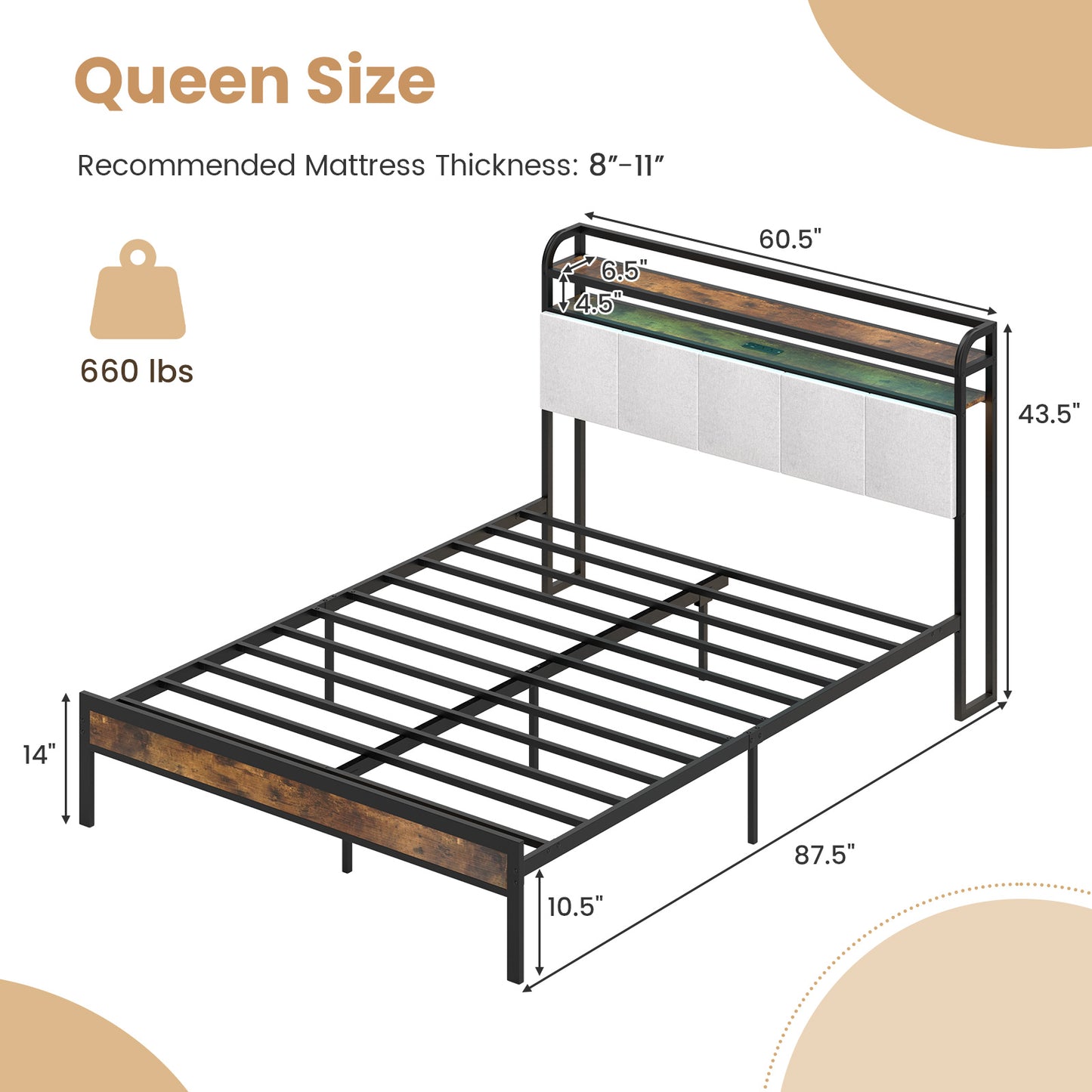Modern Upholstered Platform Bed Frame with LED Lights, Charging Station, and Storage Headboard – Queen Size