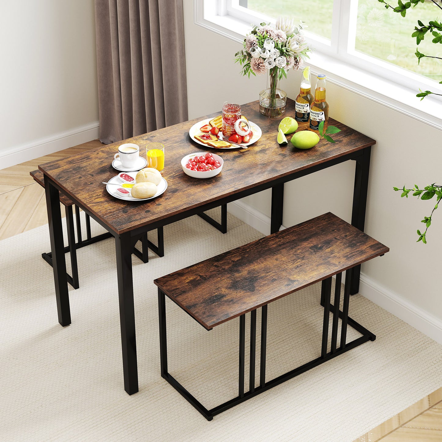 4 Piece Industrial Dining Table Set with Storage Bench and 2 Stools in Brown Wood Finish