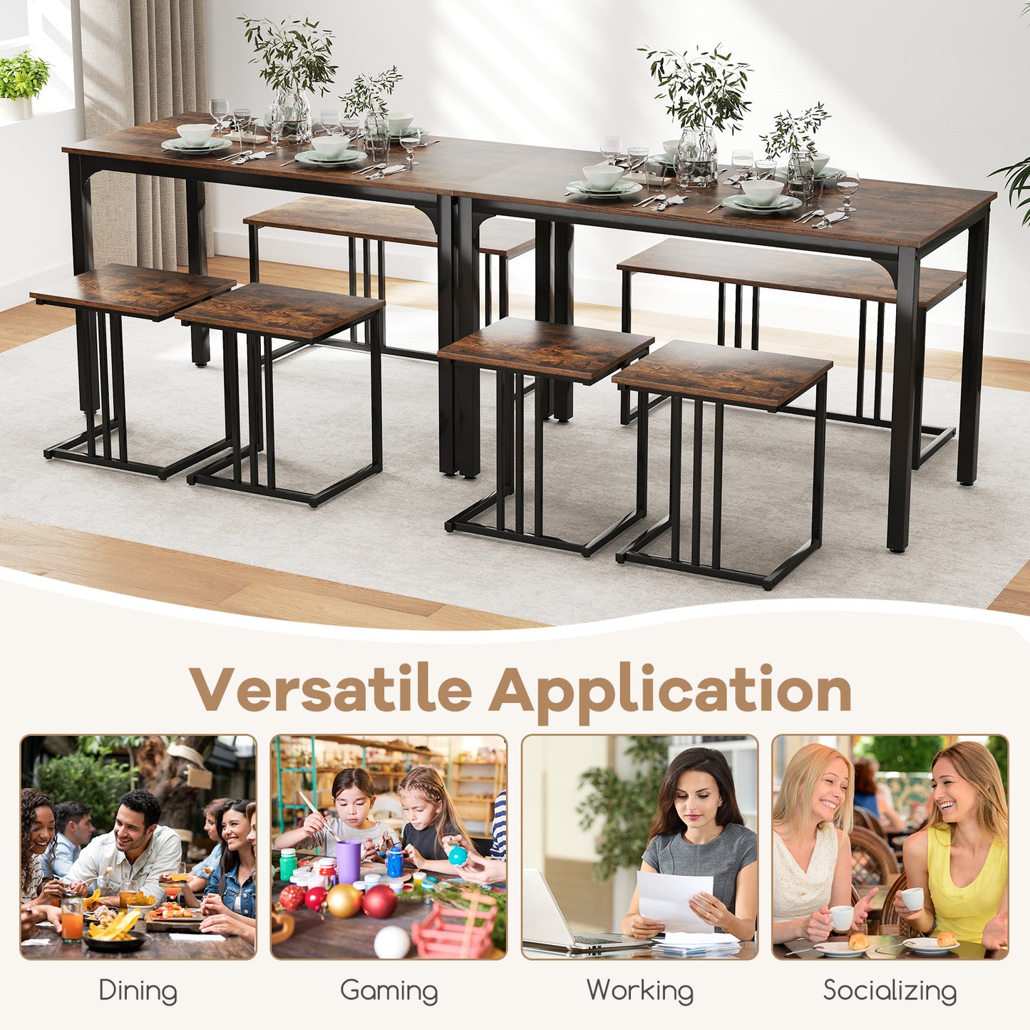 4 Piece Industrial Dining Table Set with Storage Bench and 2 Stools in Brown Wood Finish