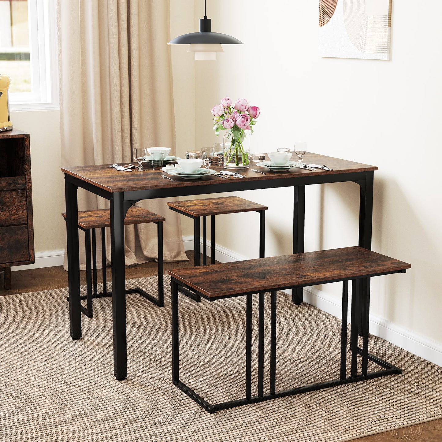 4 Piece Industrial Dining Table Set with Storage Bench and 2 Stools in Brown Wood Finish