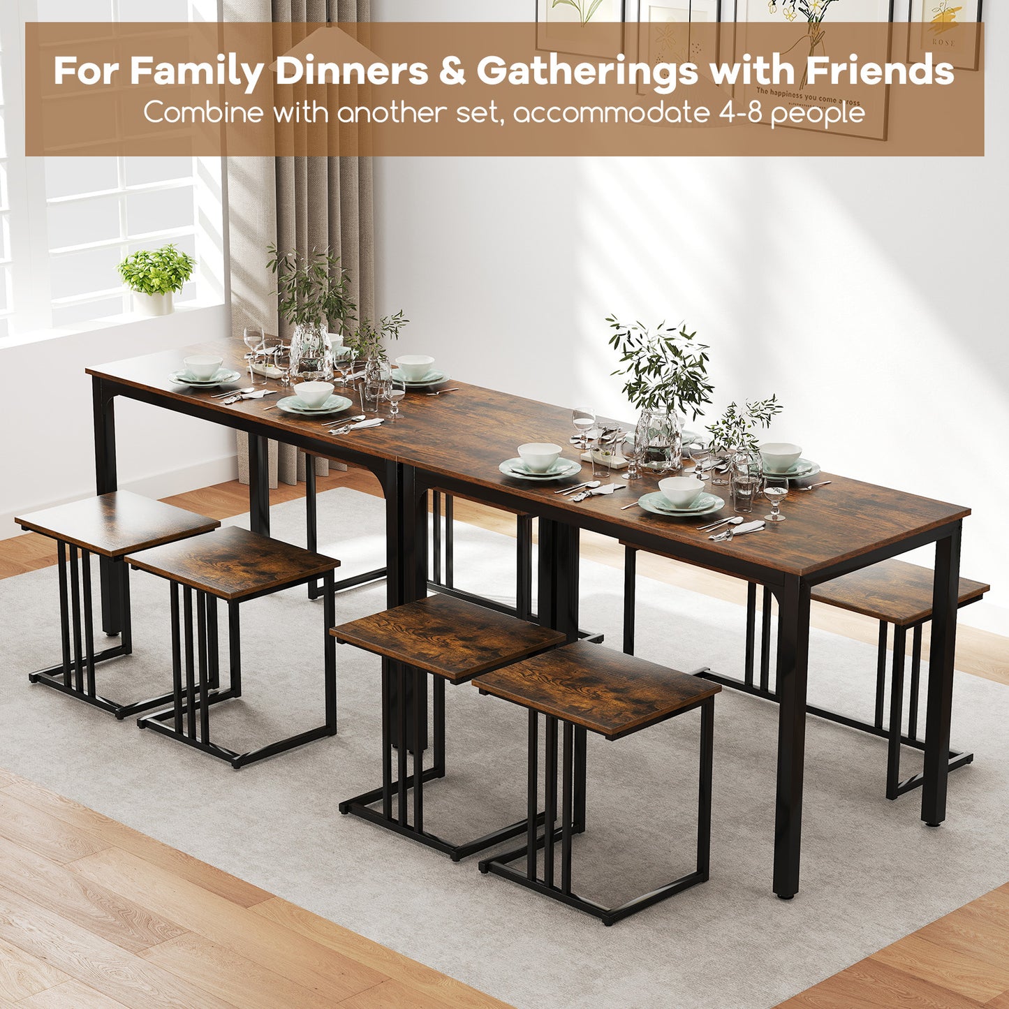 4 Piece Industrial Dining Table Set with Storage Bench and 2 Stools in Brown Wood Finish