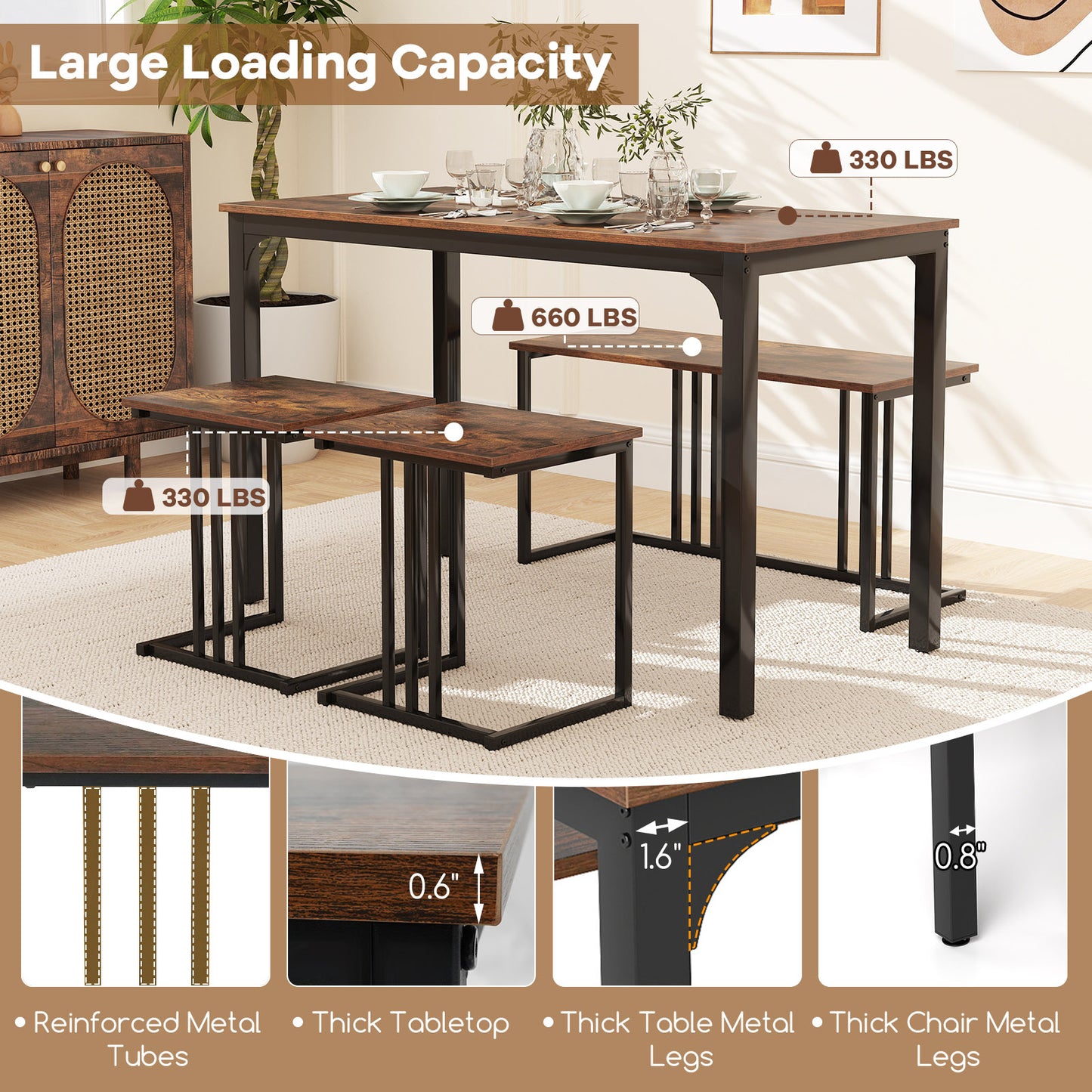 4 Piece Industrial Dining Table Set with Storage Bench and 2 Stools in Brown Wood Finish