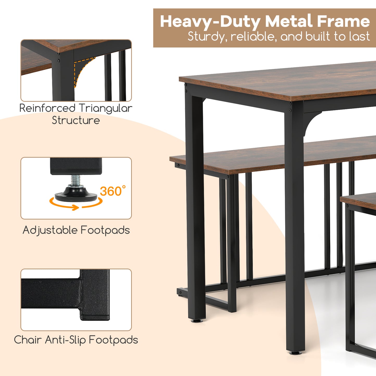 4 Piece Industrial Dining Table Set with Storage Bench and 2 Stools in Brown Wood Finish