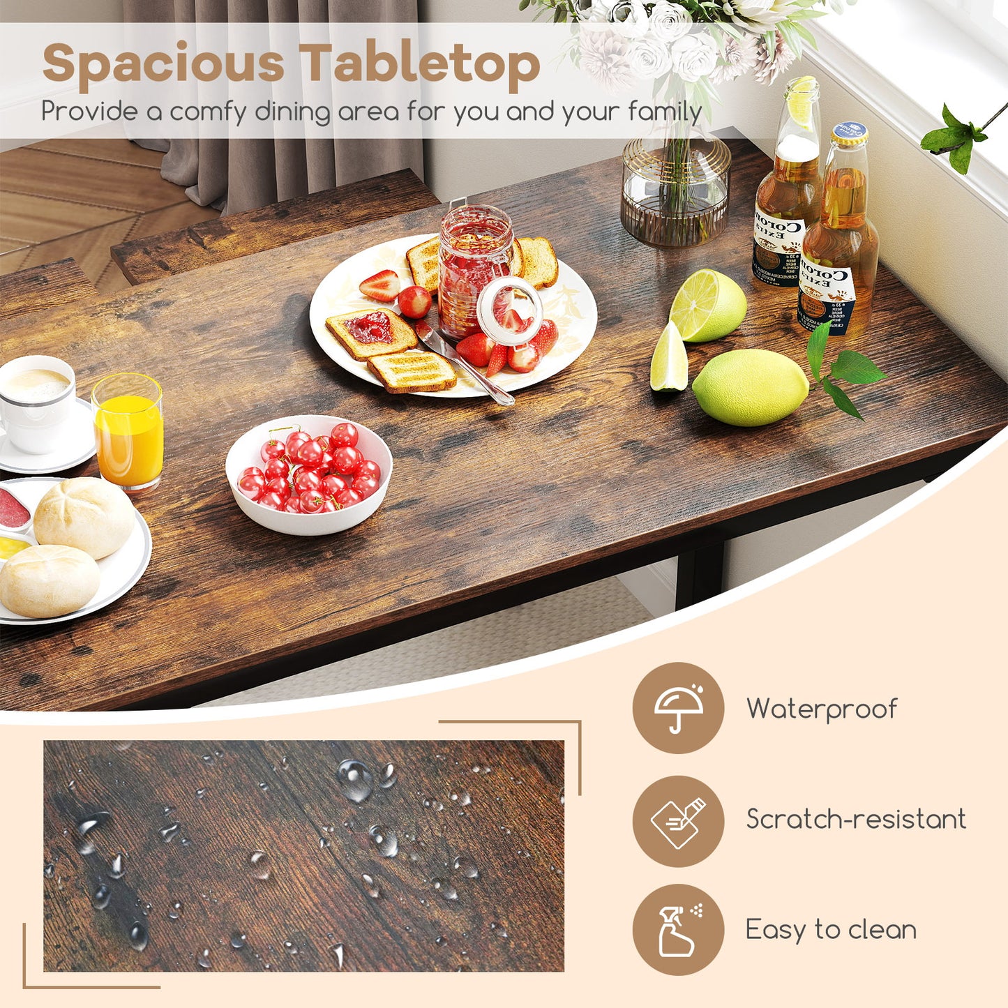 4 Piece Industrial Dining Table Set with Storage Bench and 2 Stools in Brown Wood Finish