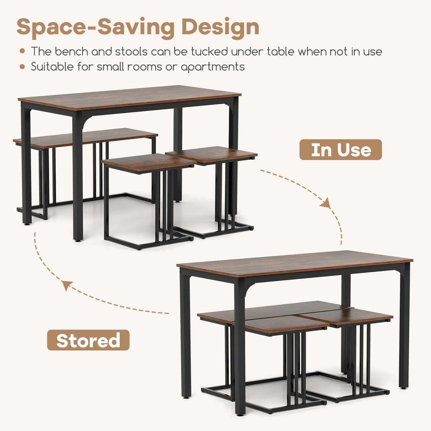 4 Piece Industrial Dining Table Set with Storage Bench and 2 Stools in Brown Wood Finish