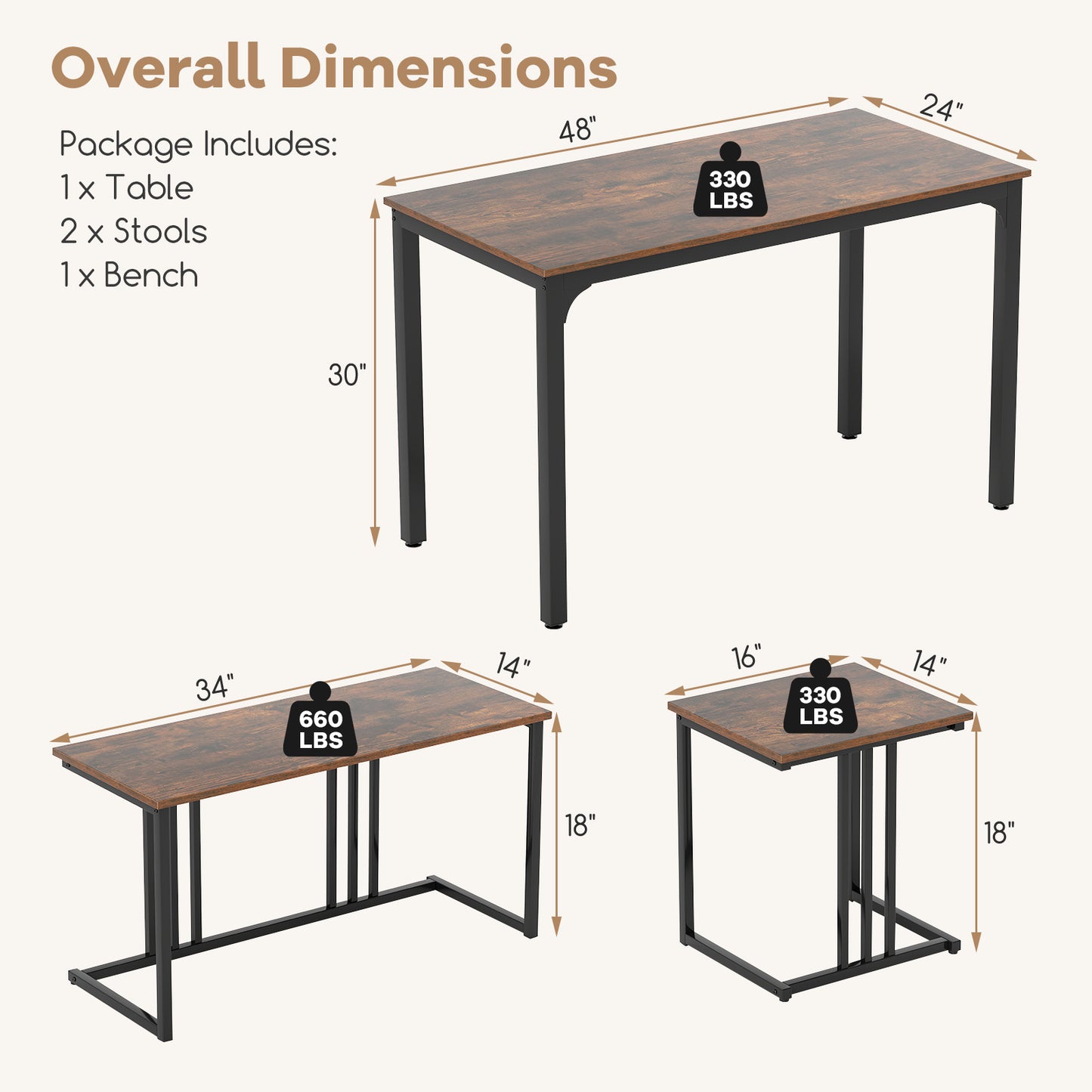 4 Piece Industrial Dining Table Set with Storage Bench and 2 Stools in Brown Wood Finish