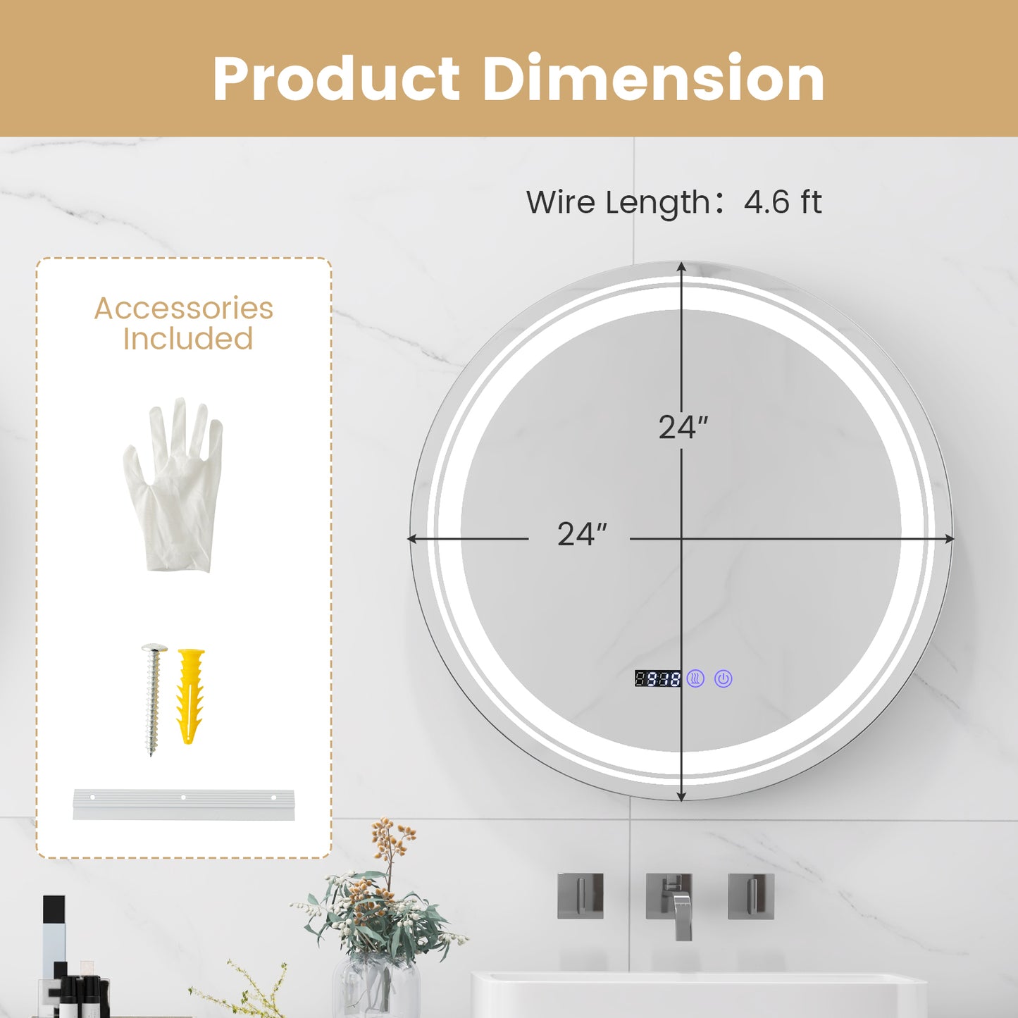 Smart Anti-Fog Round LED Bathroom Mirror with 3 Adjustable Color Temperature Options
