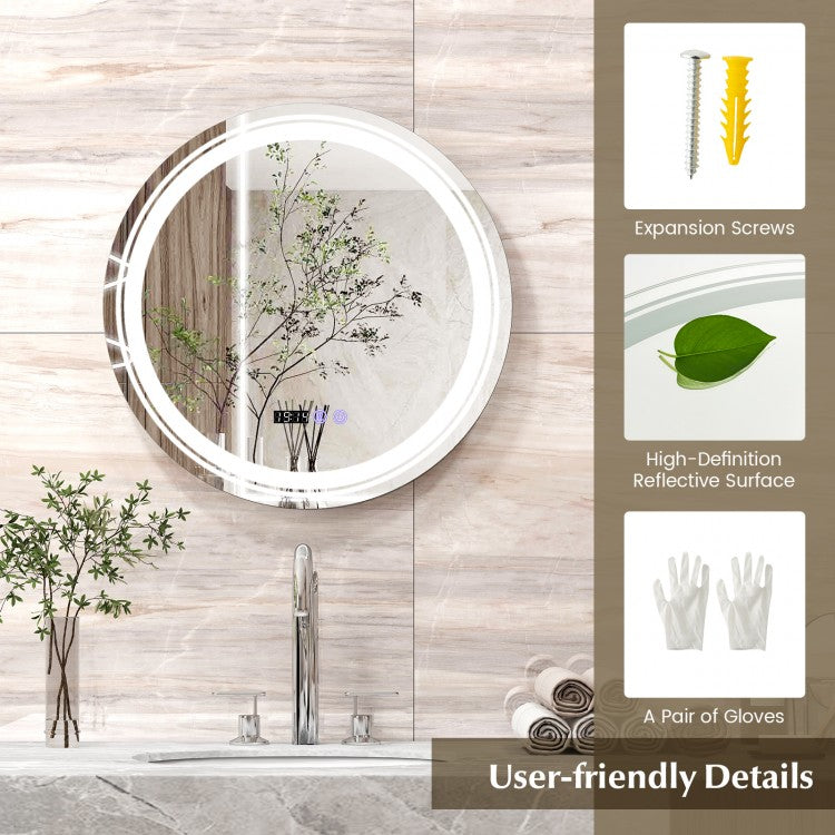 Smart Anti-Fog Round LED Bathroom Mirror with 3 Adjustable Color Temperature Options