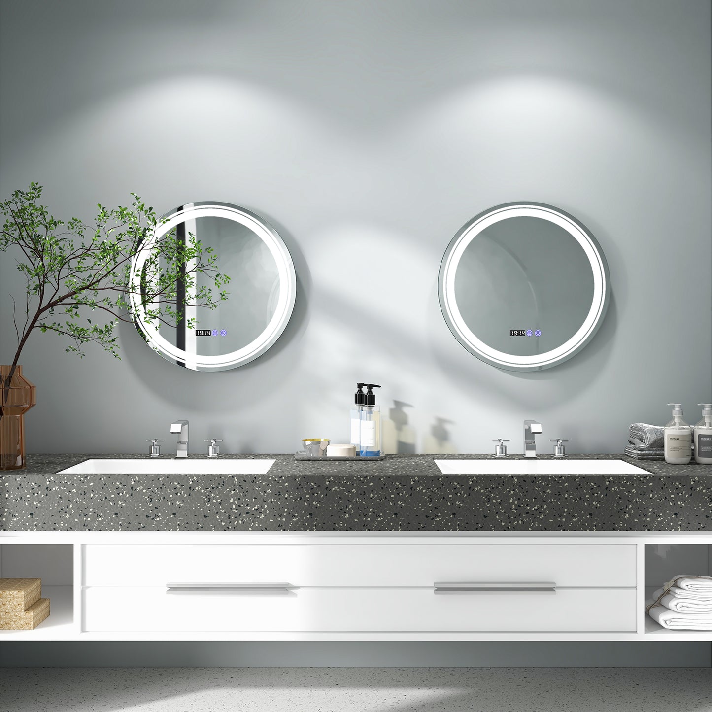 Smart Anti-Fog Round LED Bathroom Mirror with 3 Adjustable Color Temperature Options