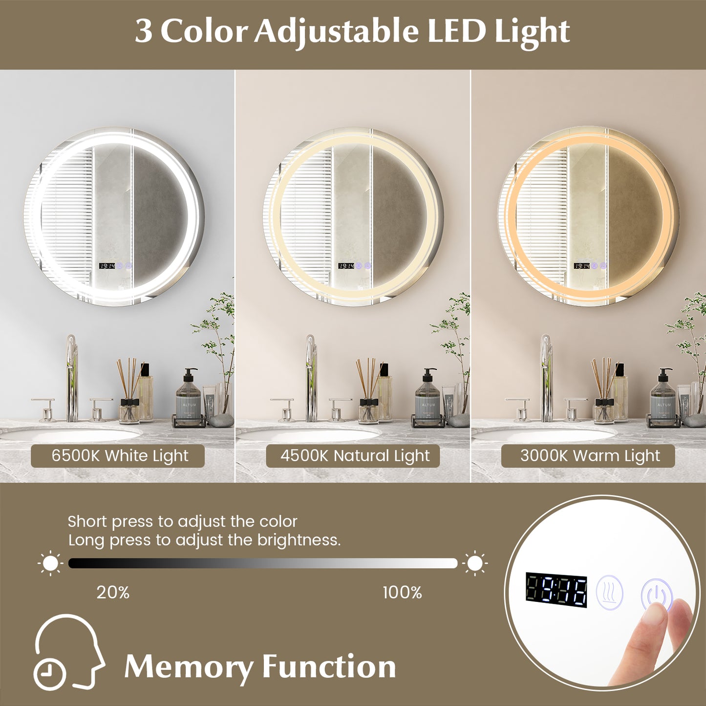 Smart Anti-Fog Round LED Bathroom Mirror with 3 Adjustable Color Temperature Options