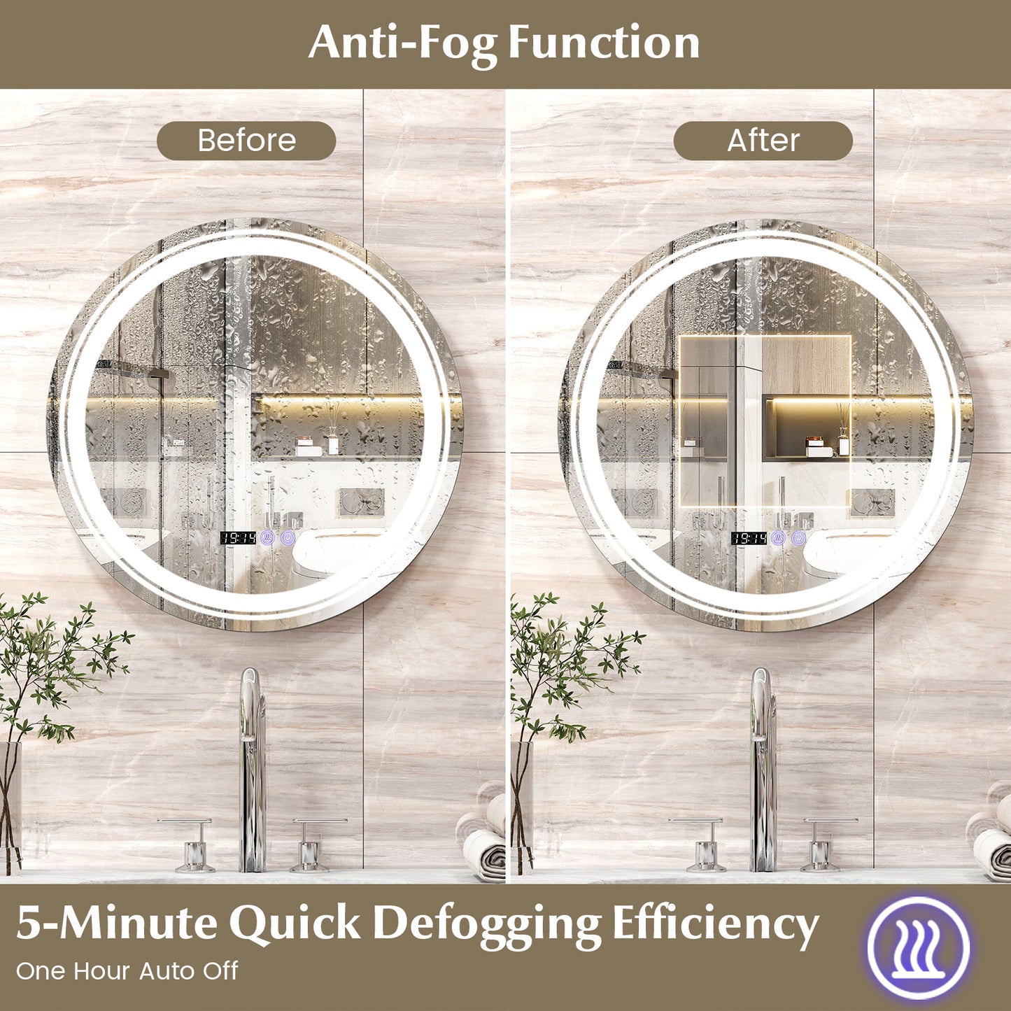 Smart Anti-Fog Round LED Bathroom Mirror with 3 Adjustable Color Temperature Options
