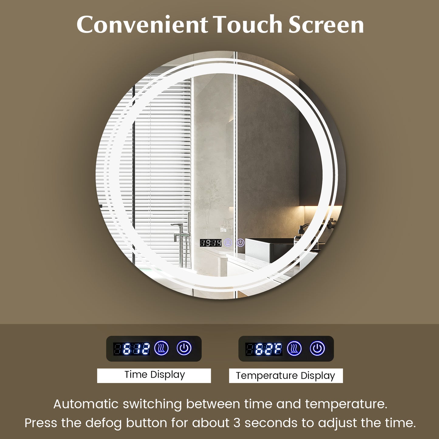 Smart Anti-Fog Round LED Bathroom Mirror with 3 Adjustable Color Temperature Options