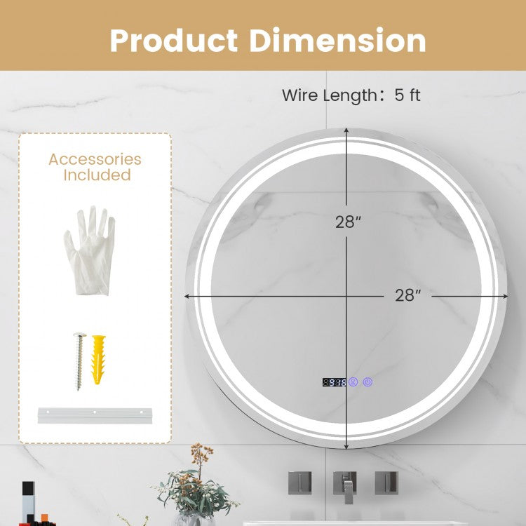 Smart Anti-Fog Round LED Bathroom Mirror with 3 Adjustable Color Temperature Options