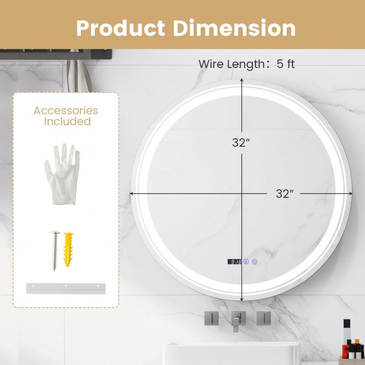 Smart Anti-Fog Round LED Bathroom Mirror with 3 Adjustable Color Temperature Options